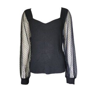 Shein Curve Top Womens Plus Size 3XL Solid All Black Pullover Mesh Dotted Sleeve